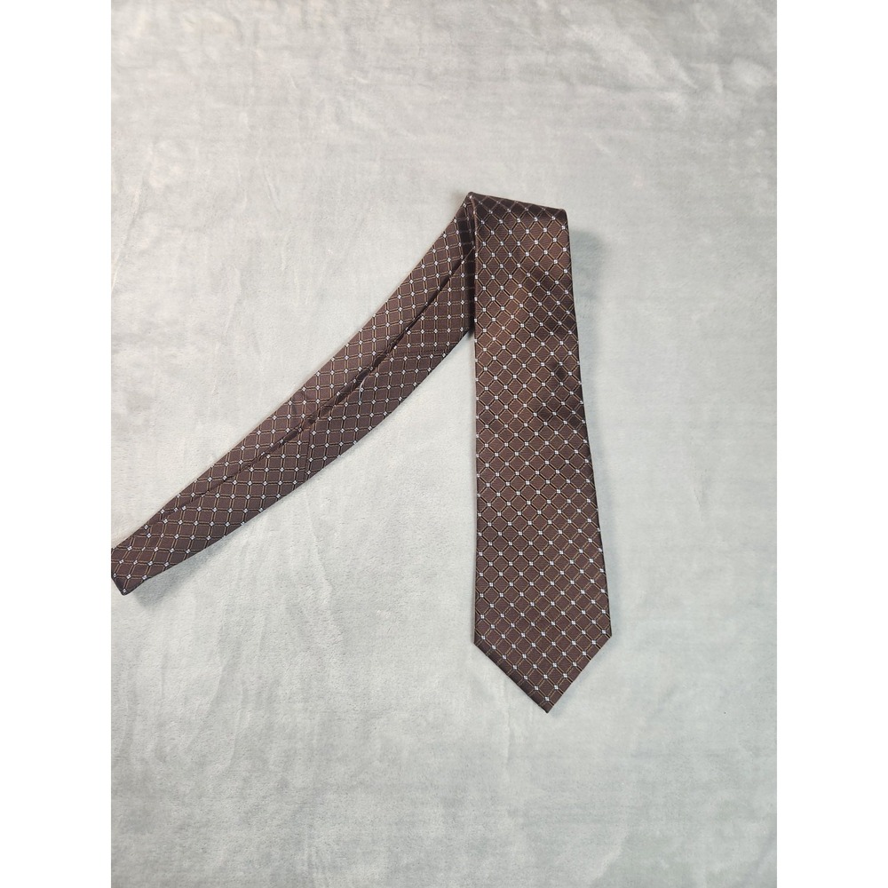 Tasso Elba Mens Brown Check 100% Silk Self-tied Necktie